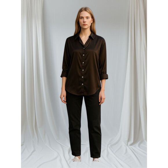 New She & Sky Women's 1XL Chocolate Brown Pearl Button Down Shirt Top High Low - Picture 1 of 11